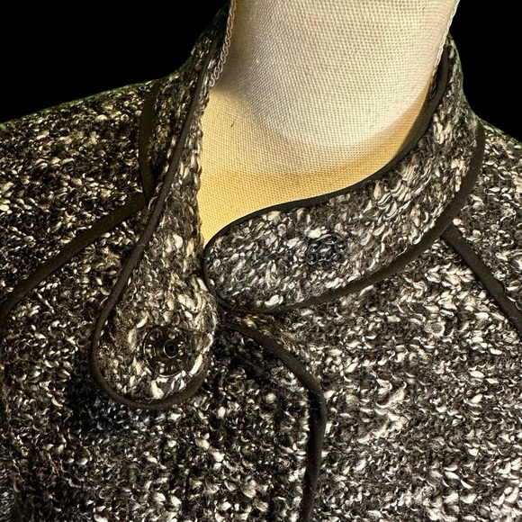 Sandro Black & White Marled Tweed Button Up Jacket with Black Satin Belt Sz XLP - Picture 12 of 15